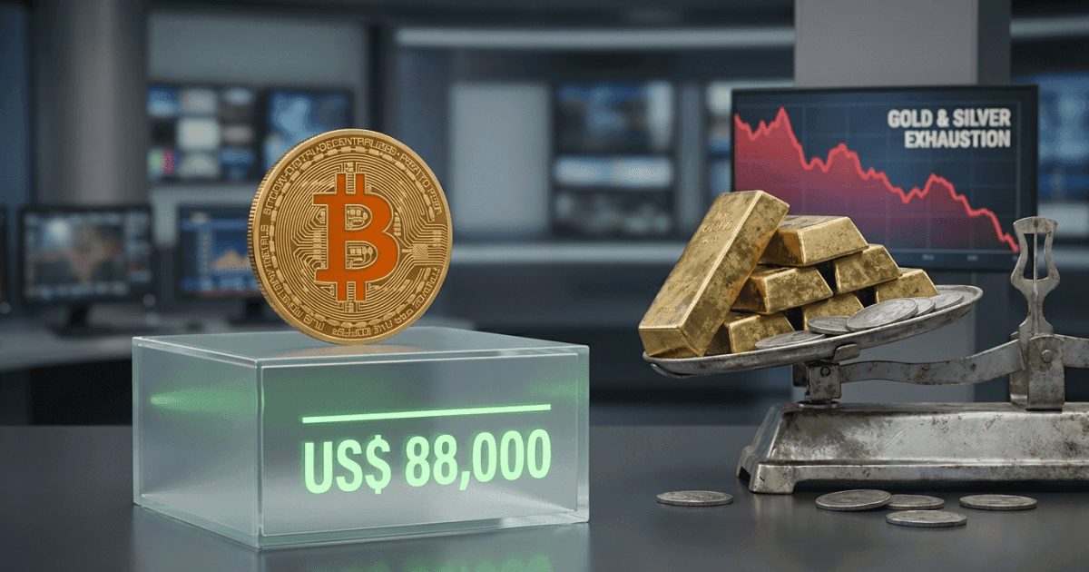 Ilustração editorial sobre altcoins: Bitcoin Consolida em US$ 88K Enquanto Ouro e Prata Exaustos
