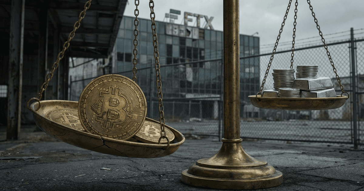 Ilustração editorial sobre bitcoin: Bitcoin: Razão com Prata Atinge Patamar da Capitulação FTX