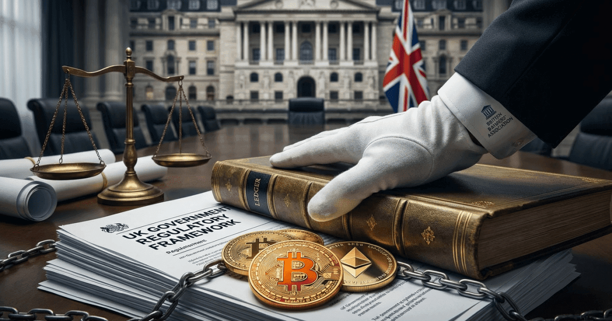Ilustração editorial sobre regulação: Regulação Cripto UK: Bancos Reforçam Cautela Apesar do Progresso