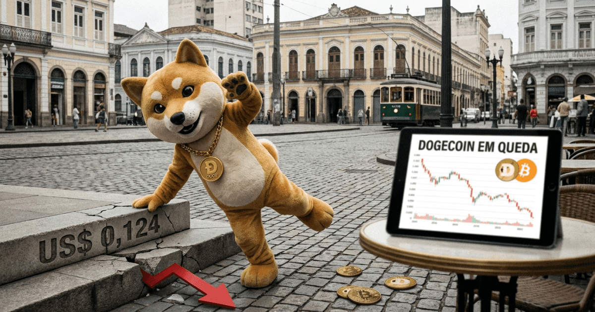 Ilustração editorial sobre altcoins: Altcoin Dogecoin Perde Nível Crítico de US$ 0,124 Após Tentativa
