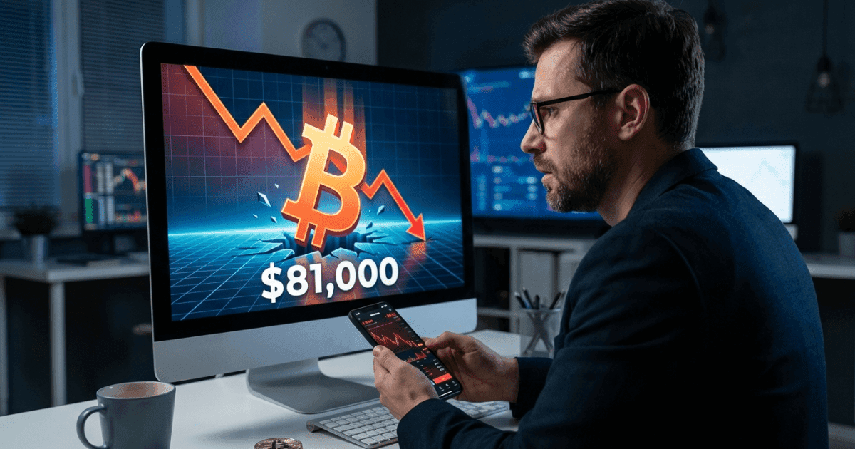 Ilustração editorial sobre bitcoin: Bitcoin Recua para US$ 81.000 em Dia de Desvalorização