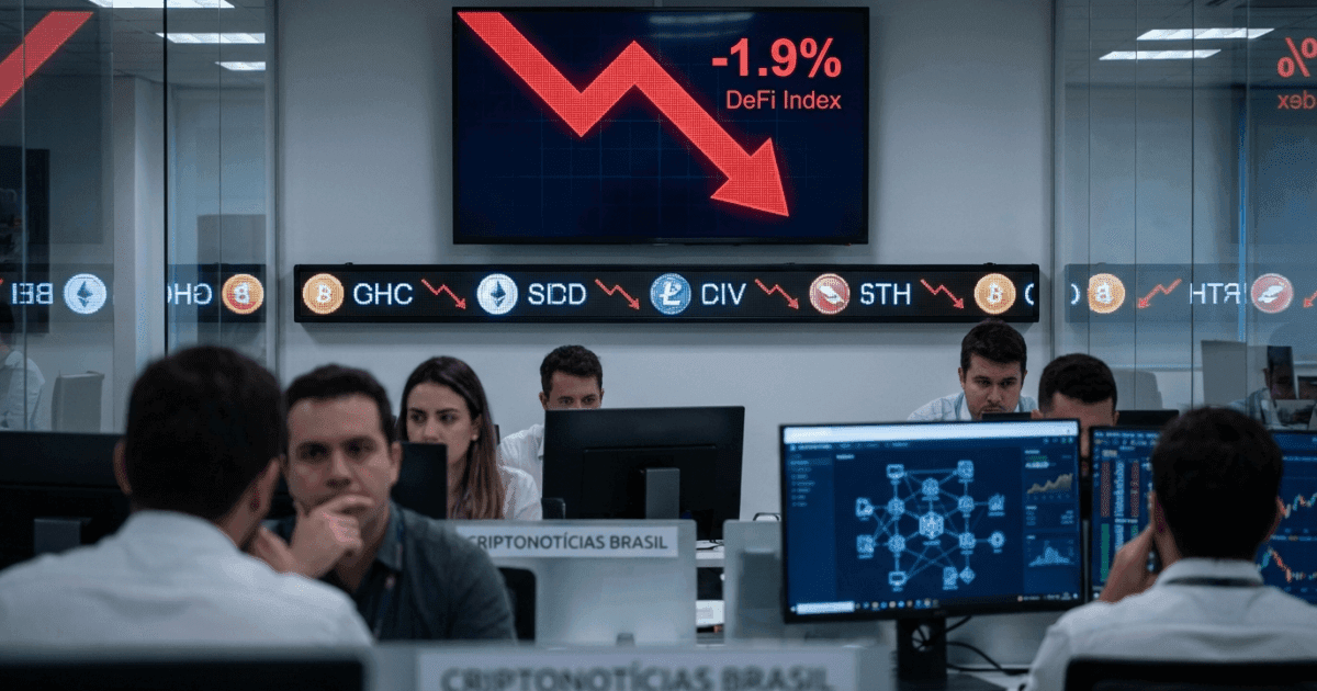 Ilustração editorial sobre altcoins: Retração no DeFi: Índice Cripto Cai 1,9% e Ativos Recuam