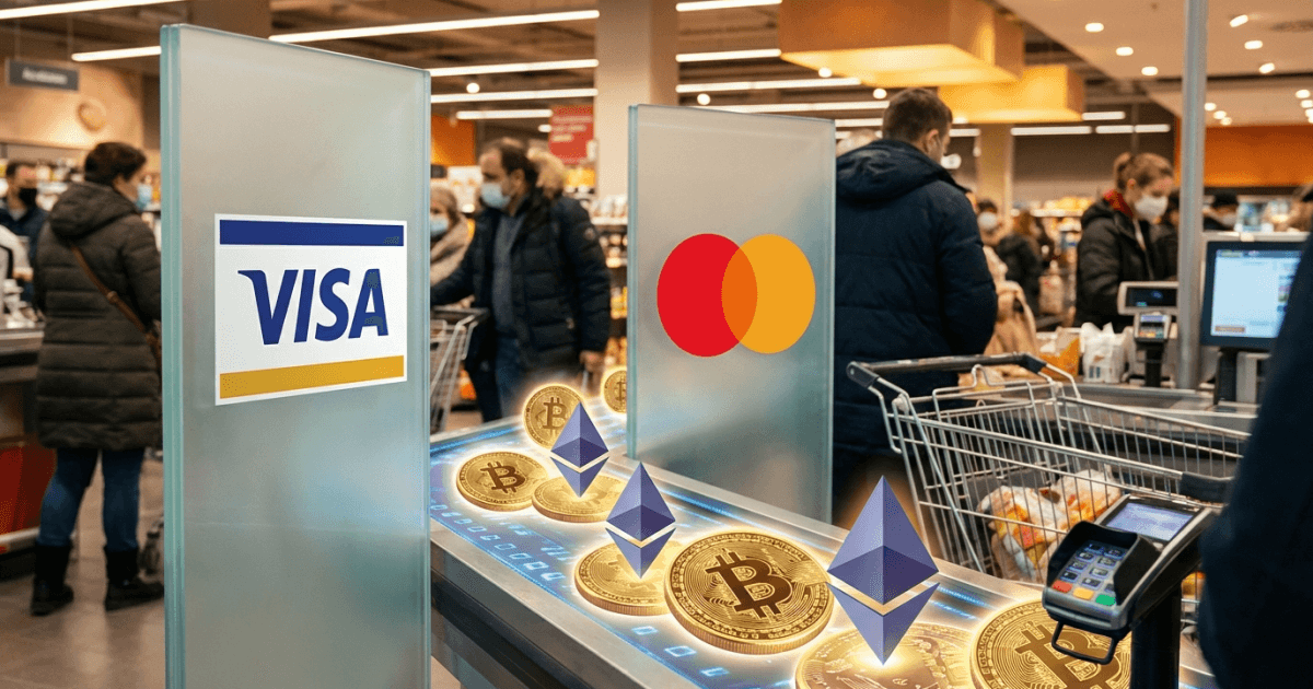 Ilustração editorial sobre defi: DeFi: Visa e Mastercard Freiam Stablecoins em Pagamentos Diários