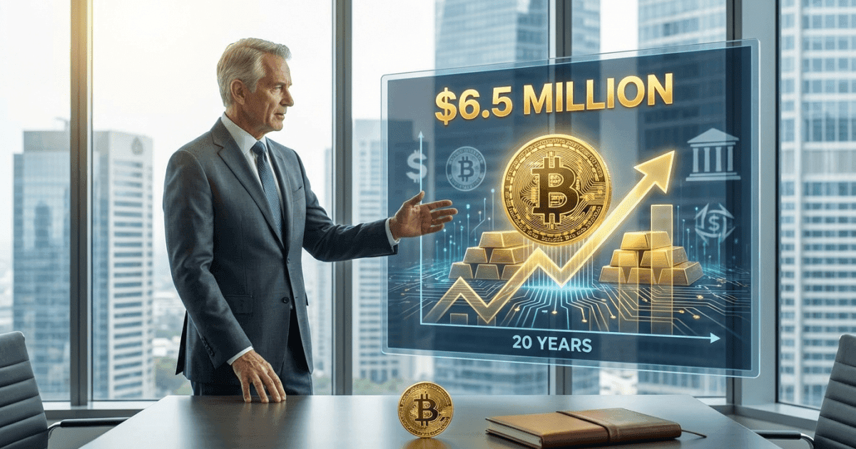 Ilustração editorial sobre bitcoin: Bitcoin Pode Atingir US$6,5 Milhões em 20 Anos, Revela Executivo