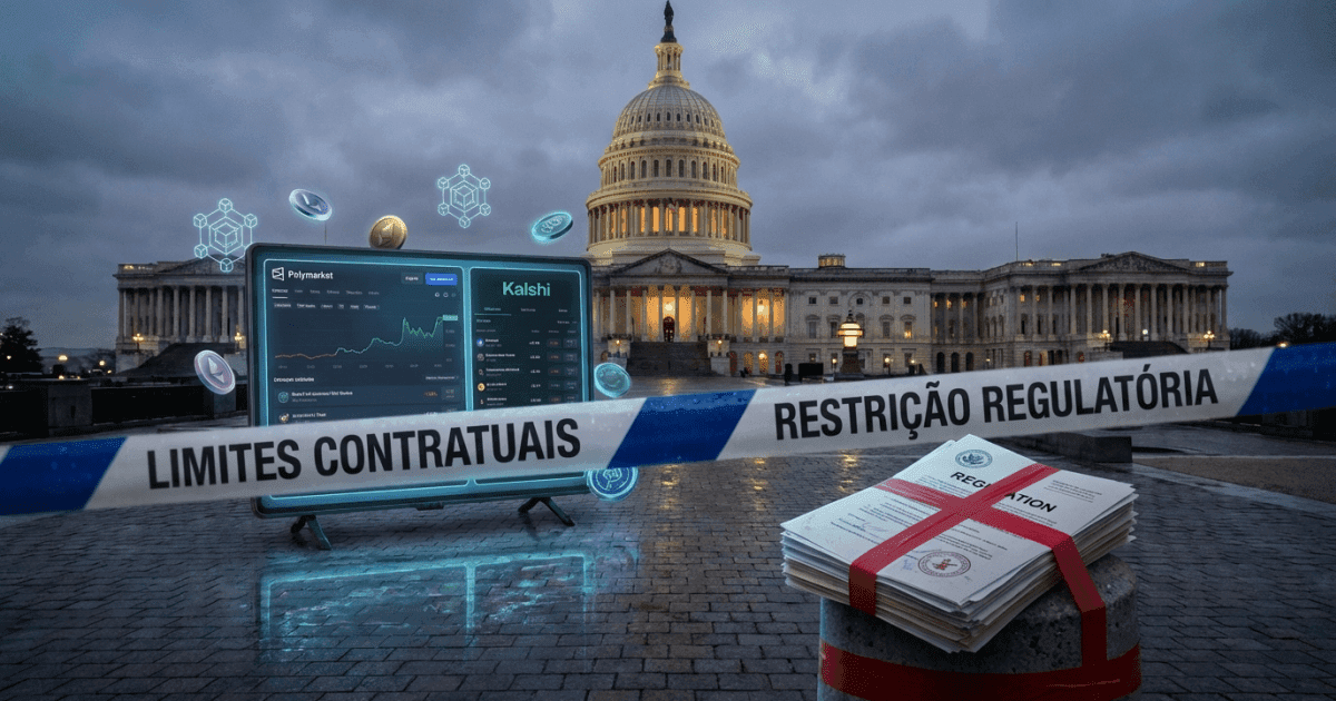 Ilustração editorial sobre regulação: Regulação Cripto: Polymarket e Kalshi em Xeque com Crise Governamental