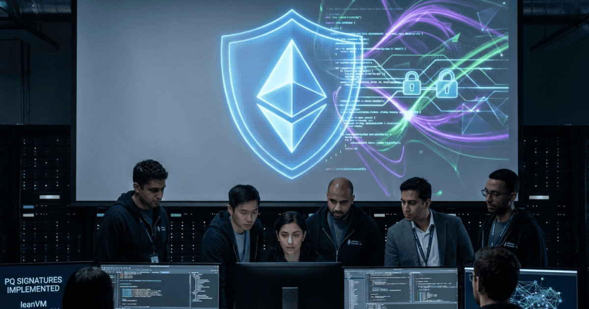 Ilustração editorial sobre ethereum: Ethereum Reforça Segurança Contra Ameaças Quânticas com leanVM