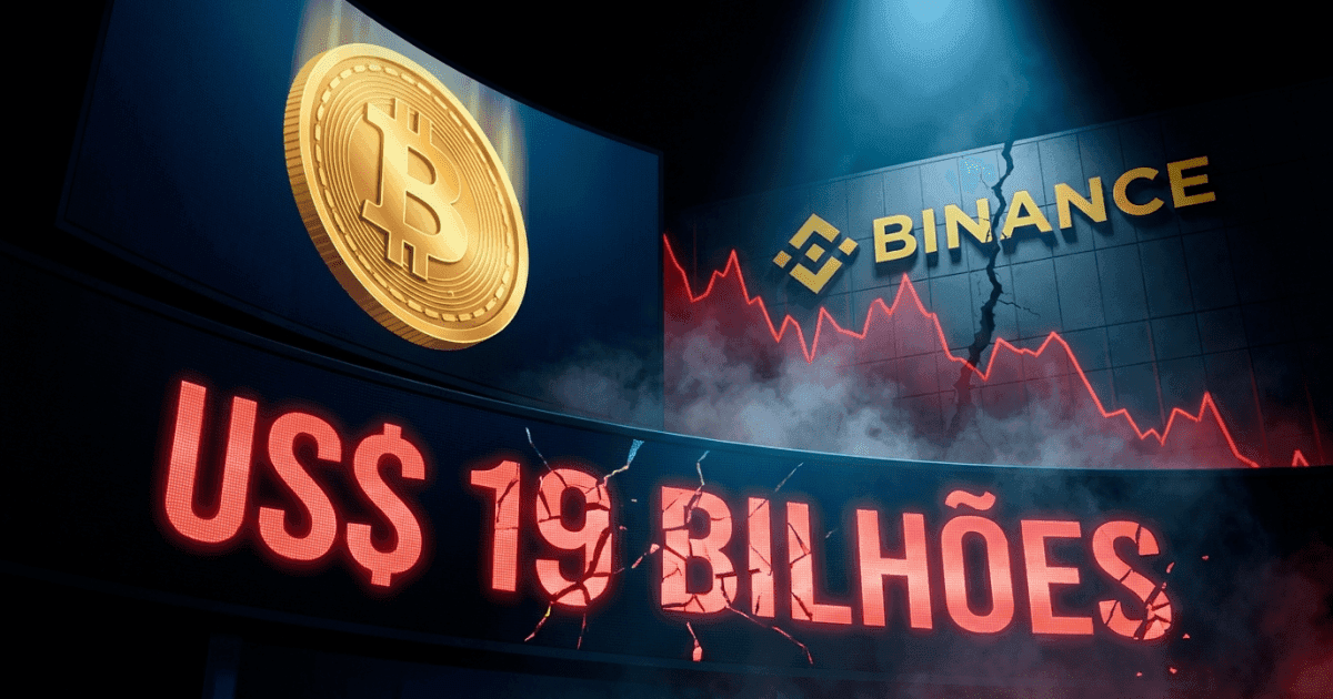 Ilustração editorial sobre bitcoin: Bitcoin Cai, Movimenta US$ 19 Bi e Acende Alerta para Binance
