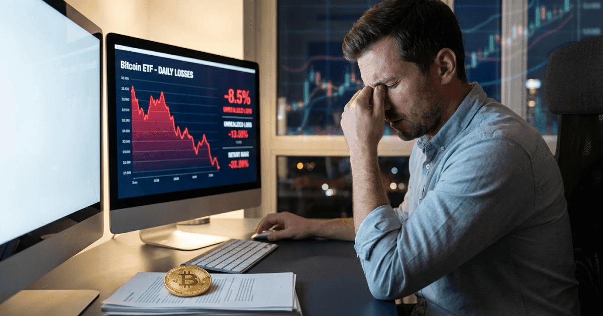 Ilustração editorial sobre bitcoin: Bitcoin ETFs: Perdas Não Realizadas Levam Detentores a Avaliar Venda
