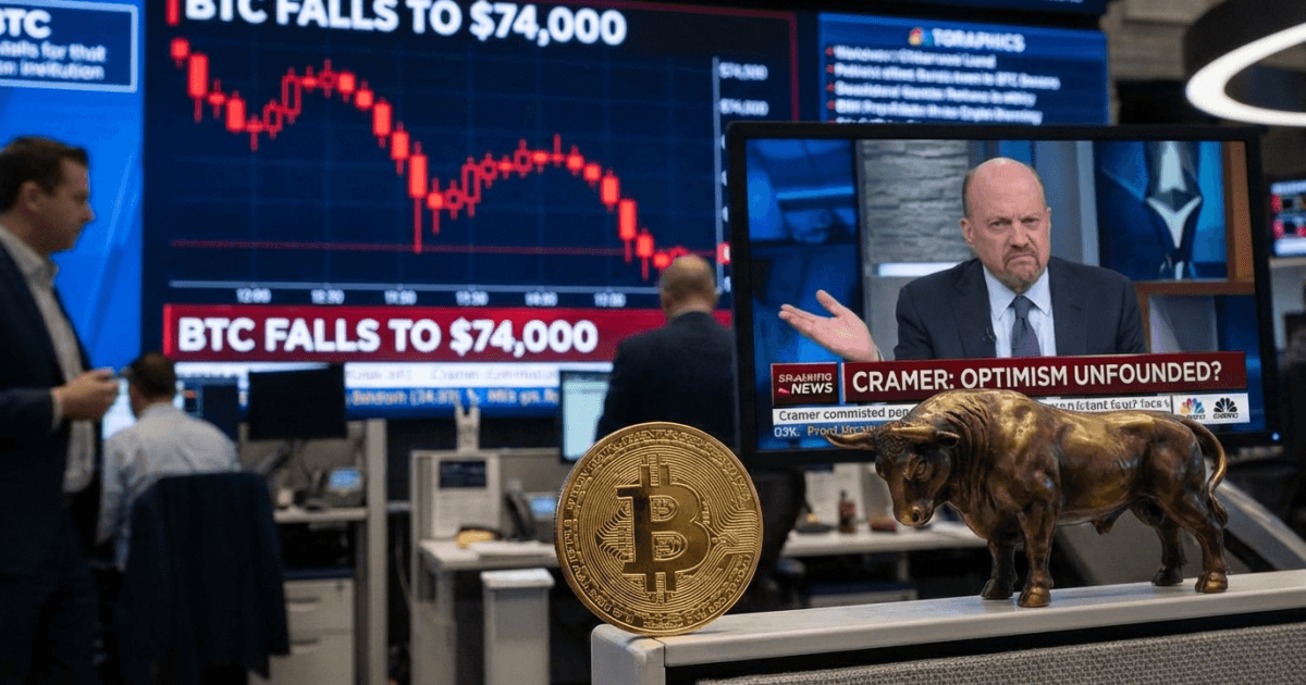 Ilustração editorial sobre bitcoin: Bitcoin Cai a US$74.000: Mercado Cripto Debate Sentimento