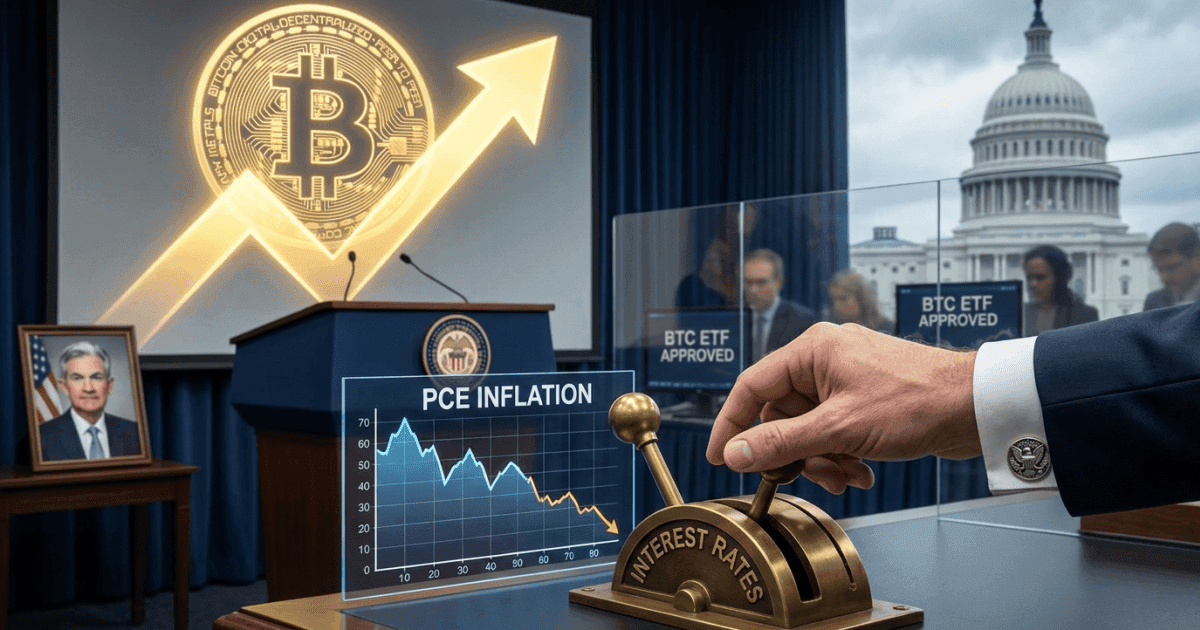 Ilustração editorial sobre bitcoin: Bitcoin se fortalece com Fed dovish e inflação controlada nos EUA