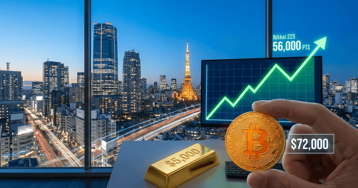 Ilustração editorial sobre bitcoin: Bitcoin Atinge US$ 72.000 com Otimismo Global Impulsionado pelo Nikkei