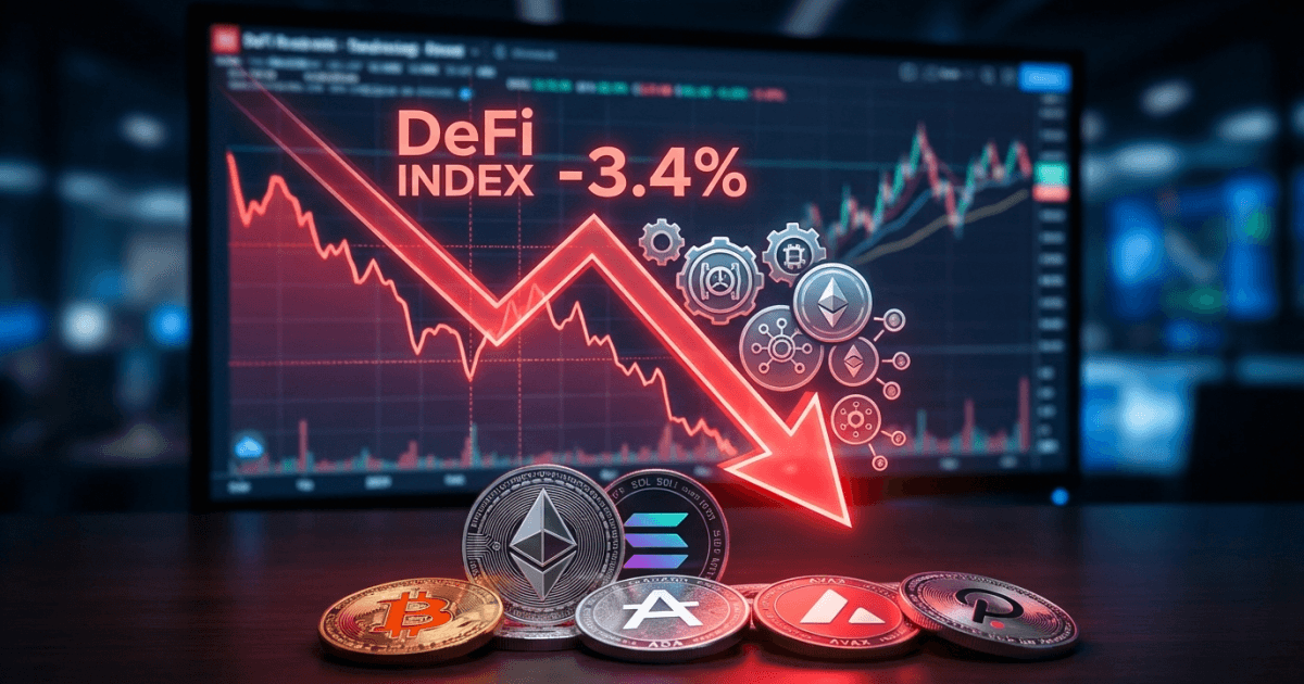 Ilustração editorial sobre defi: DeFi: Índice Revela Queda de 3,4% no Setor de Criptomoedas