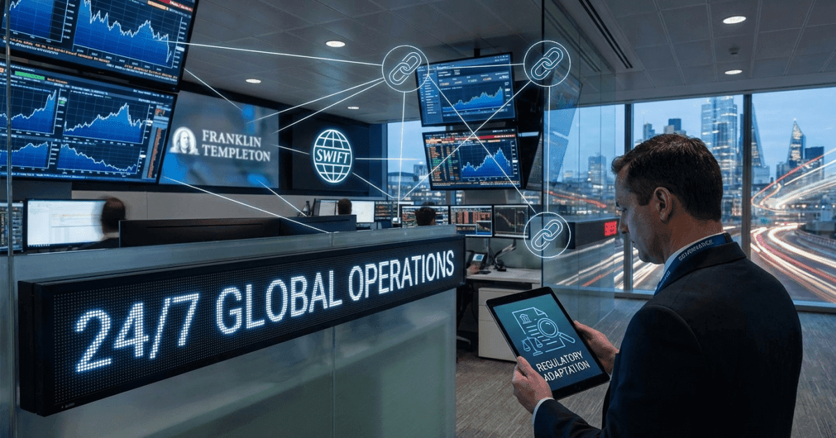 Ilustração editorial sobre regulação: Regulação: Franklin Templeton e SWIFT Apontam Futuro On-Chain 24/7