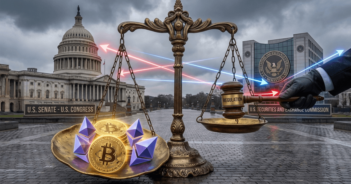 Ilustração editorial sobre regulação: Regulação Cripto nos EUA: Senador Pressiona, SEC Alerta Riscos