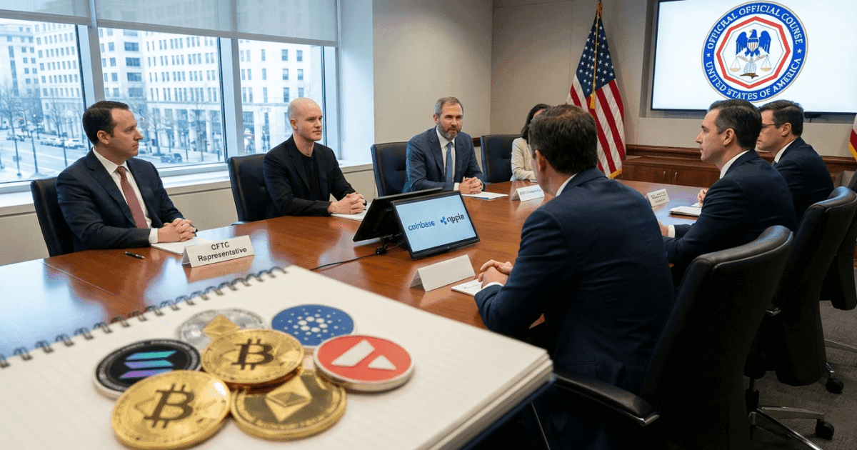 Ilustração editorial sobre altcoins: Altcoin: CEOs de Ripple e Coinbase Aconselham Reguladores nos EUA
