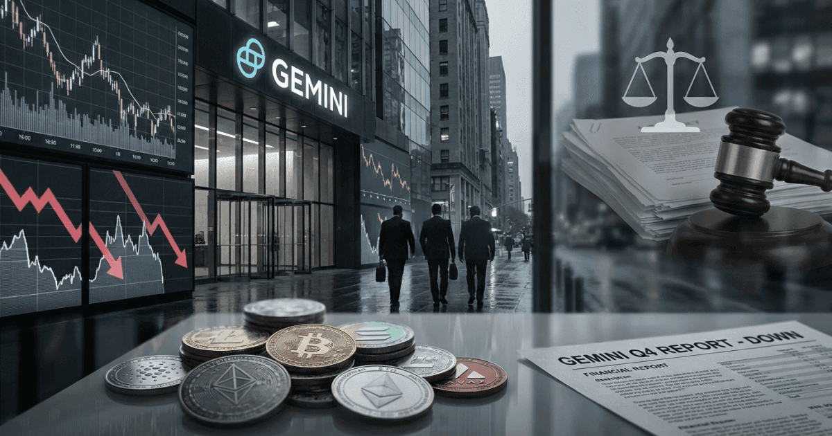 Ilustração editorial sobre regulação: Regulação e Gemini: Ações Caem, Executivos Saem Pós-IPO
