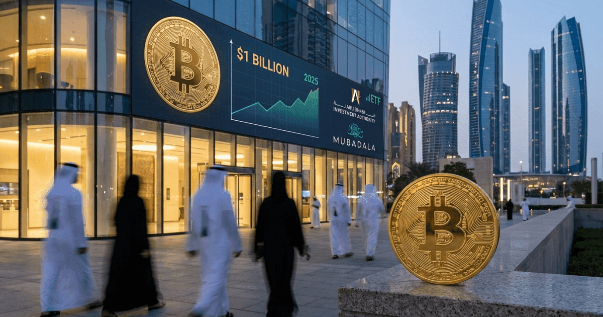 Ilustração editorial sobre bitcoin: Bitcoin ETF: Fundos de Abu Dhabi Atingem US$ 1 Bilhão em 2025