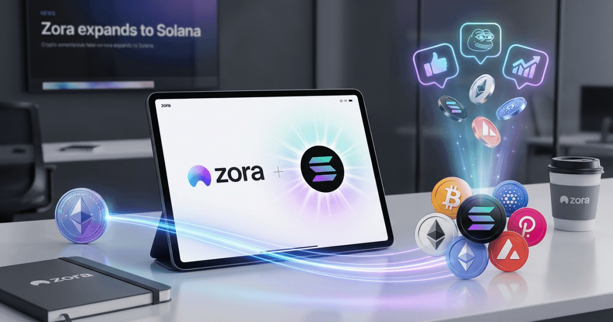 Ilustração editorial sobre altcoins: Zora, altcoin de NFT, Expande para Solana com Mercados de Atenção