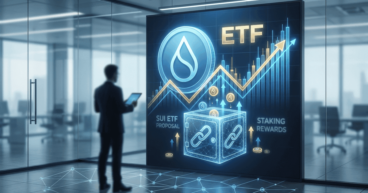 Ilustração editorial sobre defi: DeFi Evolui: ETF de SUI com Staking Redefine Investimentos Cripto