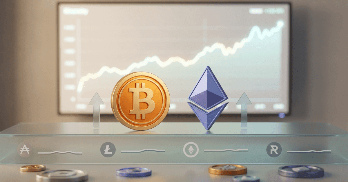 Ilustração editorial sobre ethereum: Ethereum e Bitcoin Lideram Valorização em Baixa Volatilidade