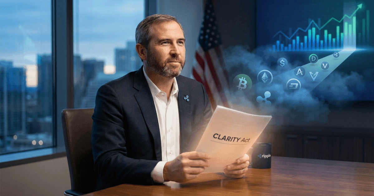 Ilustração editorial sobre altcoins: Altcoin: CEO da Ripple Aposta em Lei CLARITY nos EUA (90%)