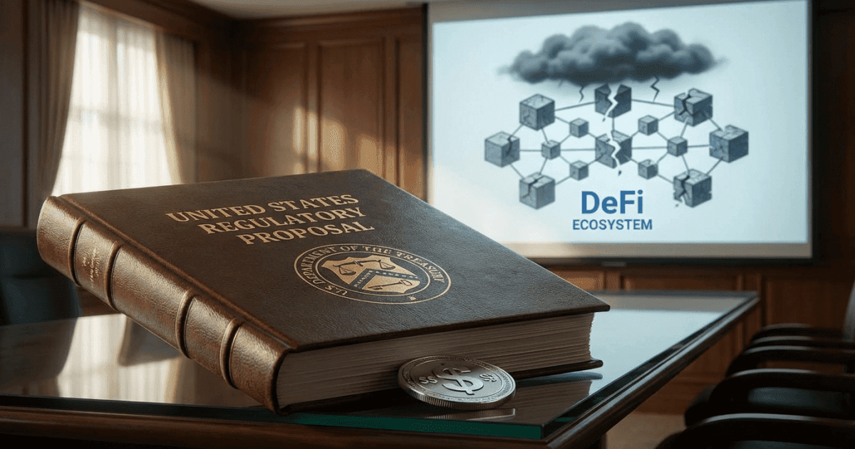 Ilustração editorial sobre defi: DeFi: Proposta EUA Ameaça Futuro de Stablecoins e Ecossistema