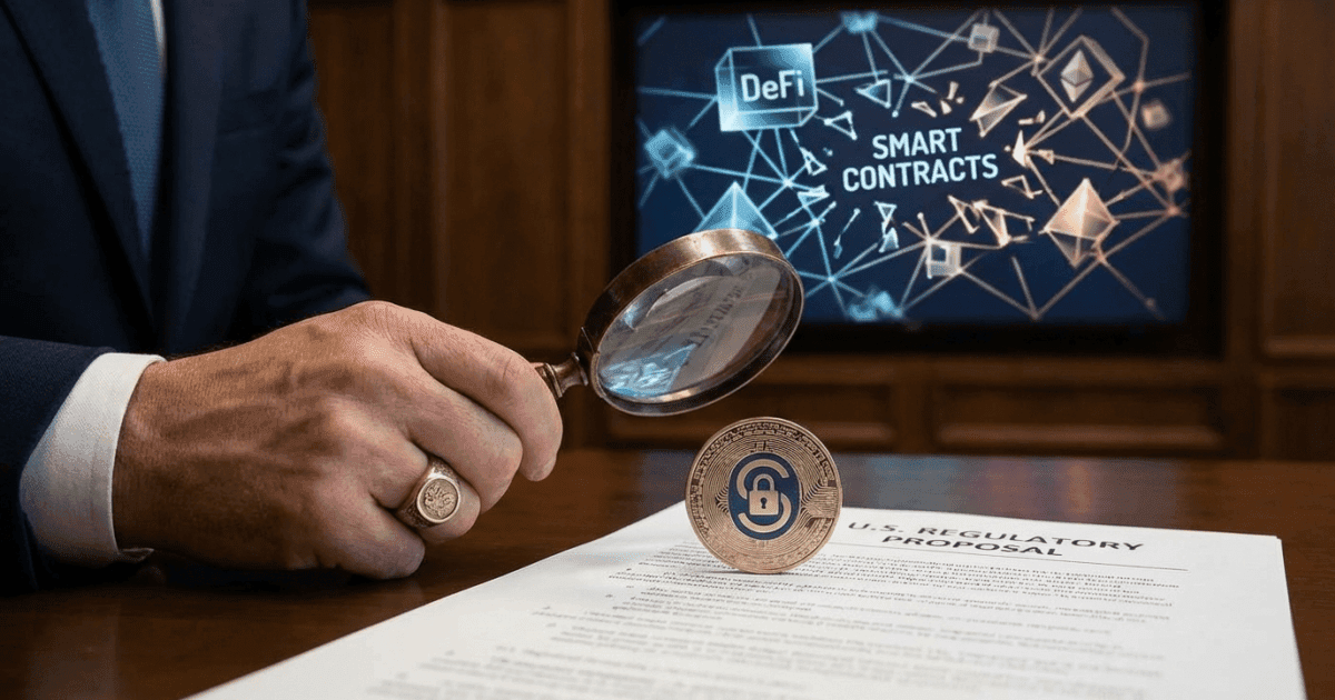 Ilustração editorial sobre defi: DeFi em xeque: Proposta dos EUA gera incerteza sobre stablecoins