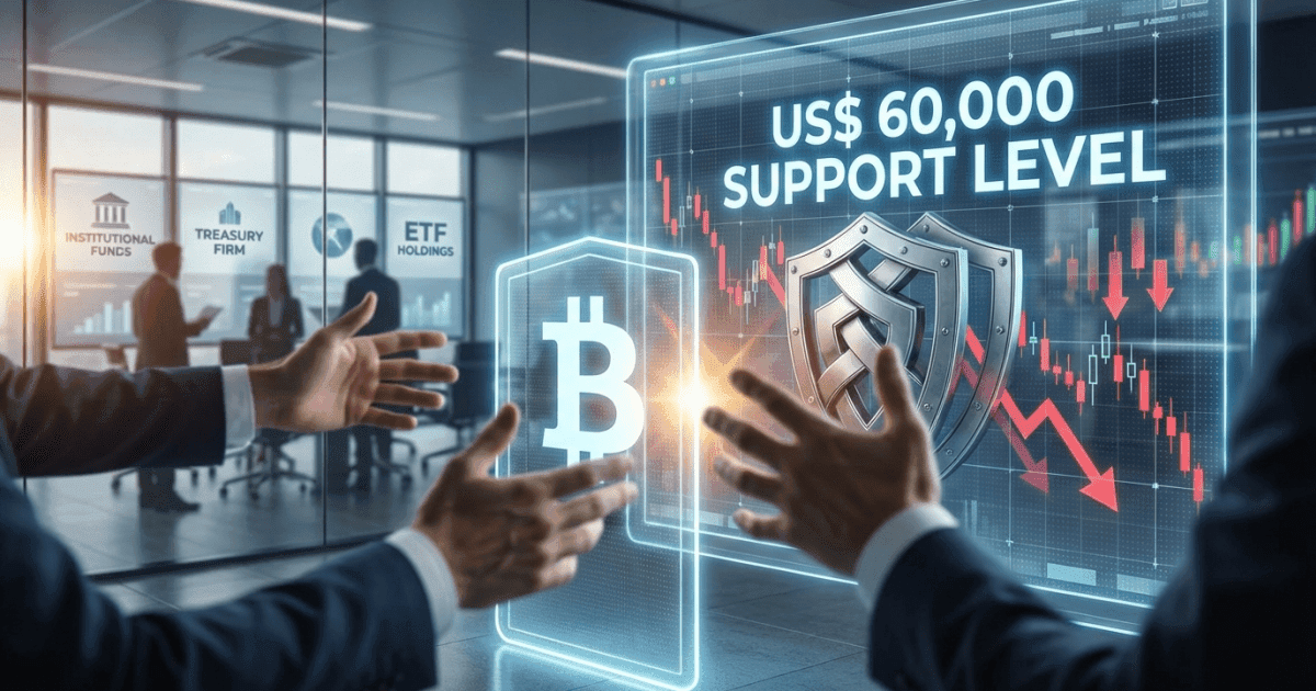 Ilustração editorial sobre bitcoin: Bitcoin: Institucionais Reforçam Defesa Contra Queda de US$ 60K