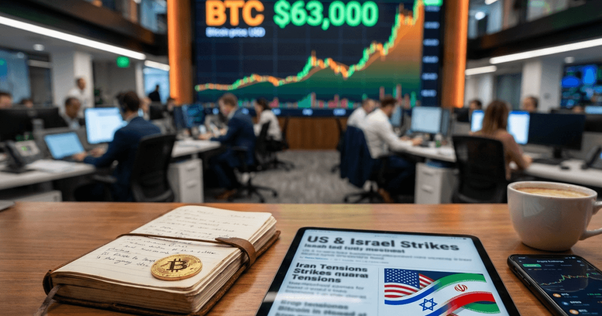 Ilustração editorial sobre bitcoin: Bitcoin Atinge US$ 63.000 em Meio a Tensão Geopolítica