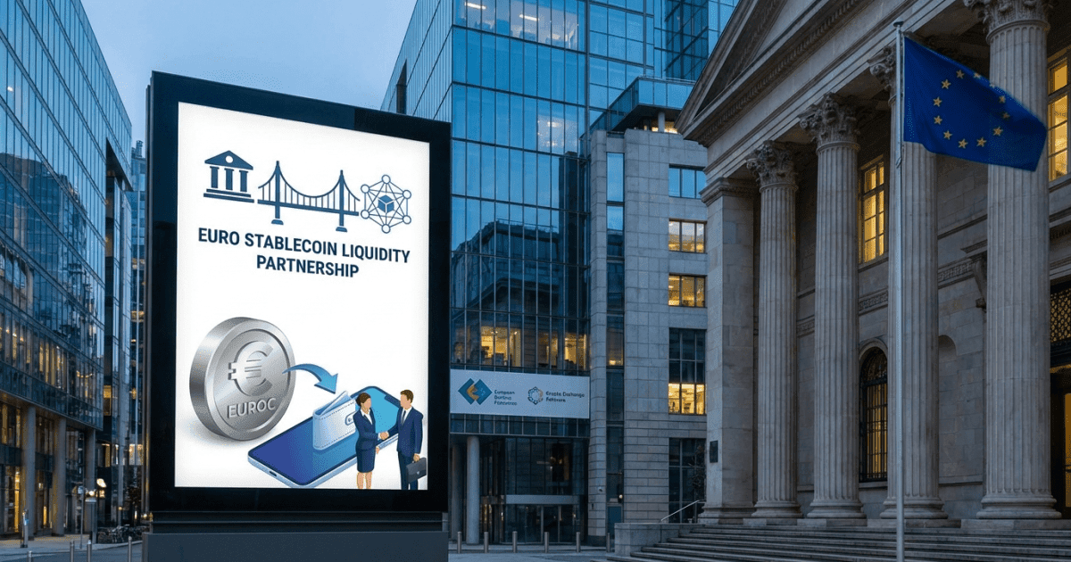 Ilustração editorial sobre defi: DeFi: Bancos Europeus Buscam Liquidez para Stablecoin Euro