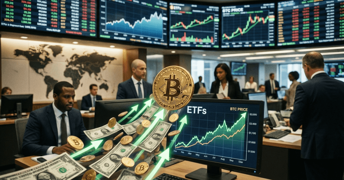 Ilustração editorial sobre bitcoin: Bitcoin e ETFs: Entradas Impulsionam Dinamismo no Mercado
