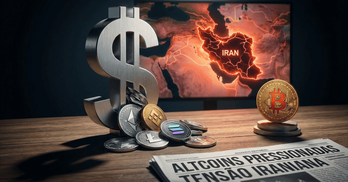 Ilustração editorial sobre altcoins: Altcoins Sentem Pressão: Dólar Forte e Conflitos Globais
