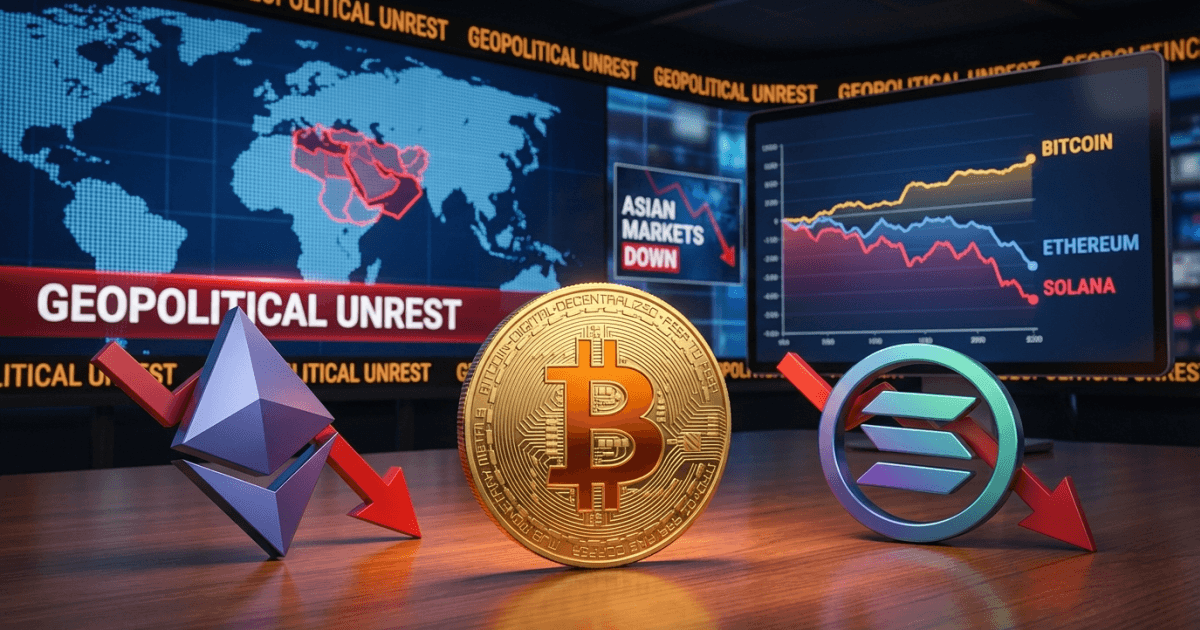 Ilustração editorial sobre ethereum: Ethereum Recua com Tensões Geopolíticas; Bitcoin Resiste