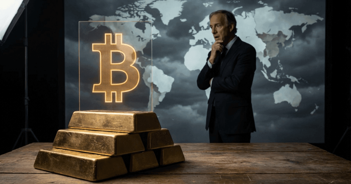 Ilustração editorial sobre bitcoin: Bitcoin Supera Ouro em Crise Geopolítica, Desafiando Dalio