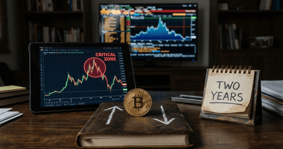Ilustração editorial sobre bitcoin: Bitcoin Atinge Zona de Preço Decisiva, Inédita em Dois Anos