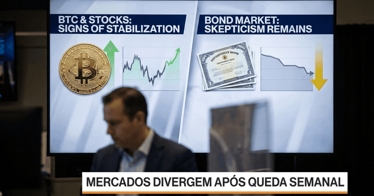 Ilustração editorial sobre altcoins: Bitcoin e Ações Estabilizam Após Queda; Títulos Mantêm Ceticismo