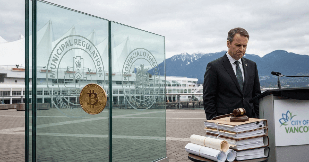 Ilustração editorial sobre bitcoin: Bitcoin em Vancouver: Regulação Impede Investimento Público