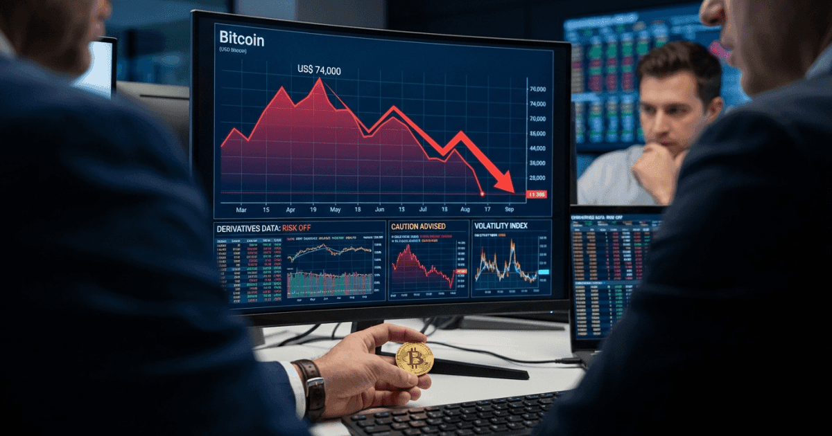 Ilustração editorial sobre bitcoin: Bitcoin Estende Queda: Dados de Derivativos Sinalizam Cautela