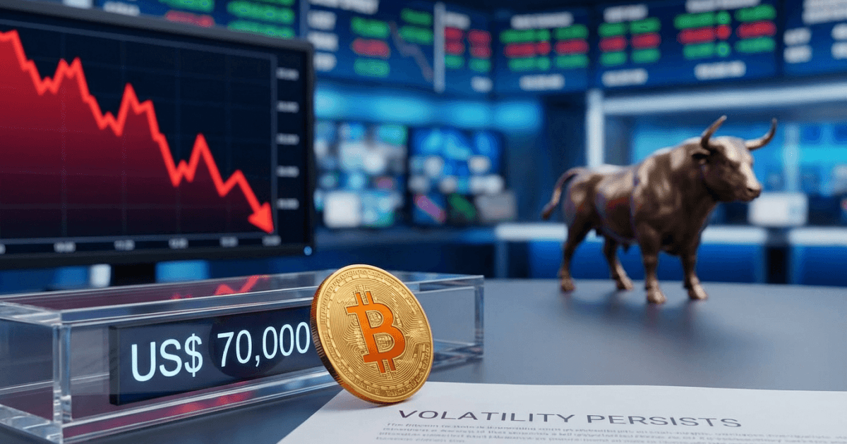 Ilustração editorial sobre bitcoin: Bitcoin Falha em Manter US$ 70K; Volatilidade Persiste