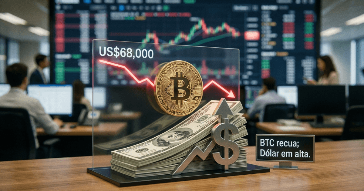 Ilustração editorial sobre bitcoin: Bitcoin Recua Abaixo de US$68K com Dólar em Alta Recorde