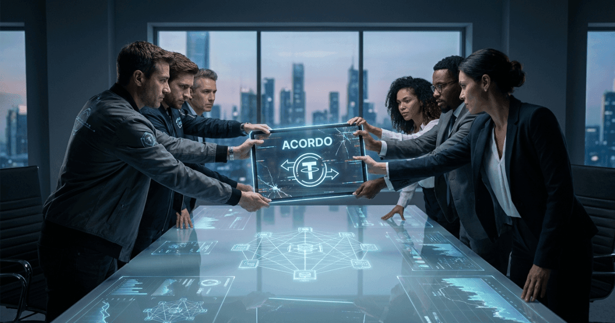 Ilustração editorial sobre defi: Acordo DeFi de Stablecoins Revela Desafios de Consenso
