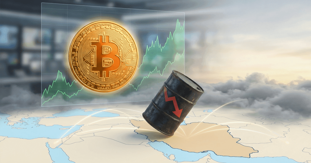 Ilustração editorial sobre bitcoin: Bitcoin Valoriza com Alívio Geopolítico; Petróleo Cai