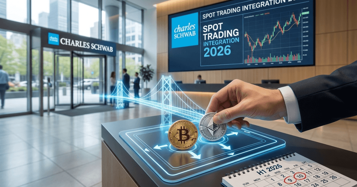 Ilustração editorial sobre ethereum: Schwab Planeja Negociação Direta de Ethereum e Bitcoin em 2026