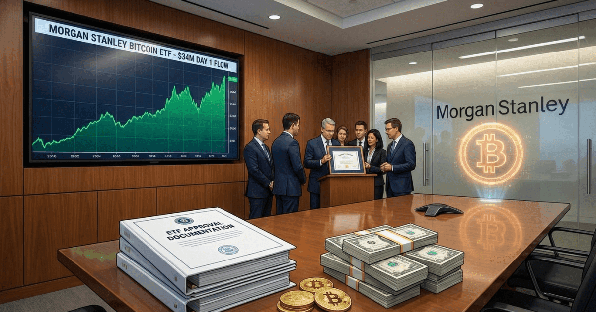 Ilustração editorial sobre bitcoin: Bitcoin: ETF da Morgan Stanley Capta US$ 34 Mi em Lançamento