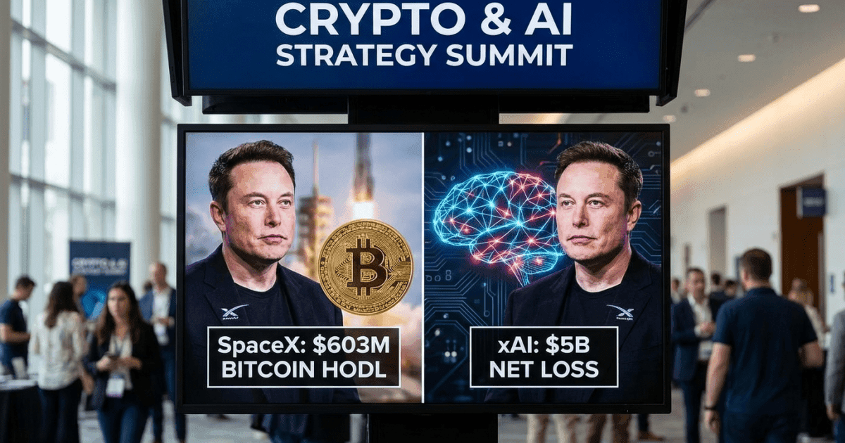 Ilustração editorial sobre bitcoin: Bitcoin: SpaceX Mantém US$ 603 Mi Enquanto xAI Sofre Perdas