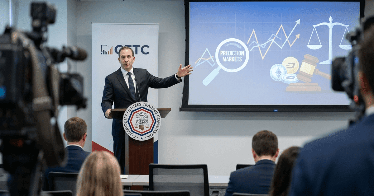 Ilustração editorial sobre regulação: CFTC Defende Regulação Exclusiva de Mercados de Predição Cripto