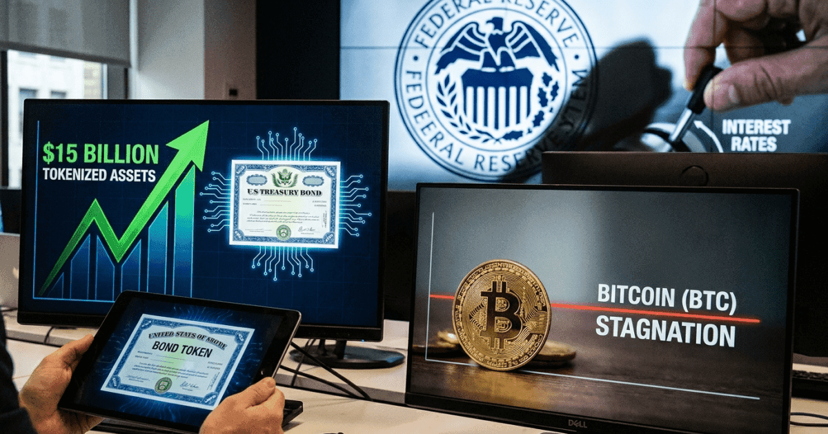 Ilustração editorial sobre bitcoin: Bitcoin Estagna; Ativos Tokenizados Disparam e Atingem US$15 Bi