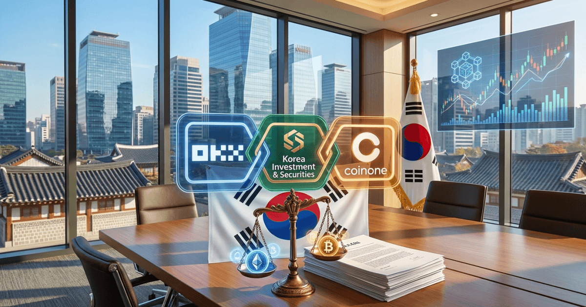 Ilustração editorial sobre regulação: Regulação Coreana: OKX e Korea Investment Miram Coinone