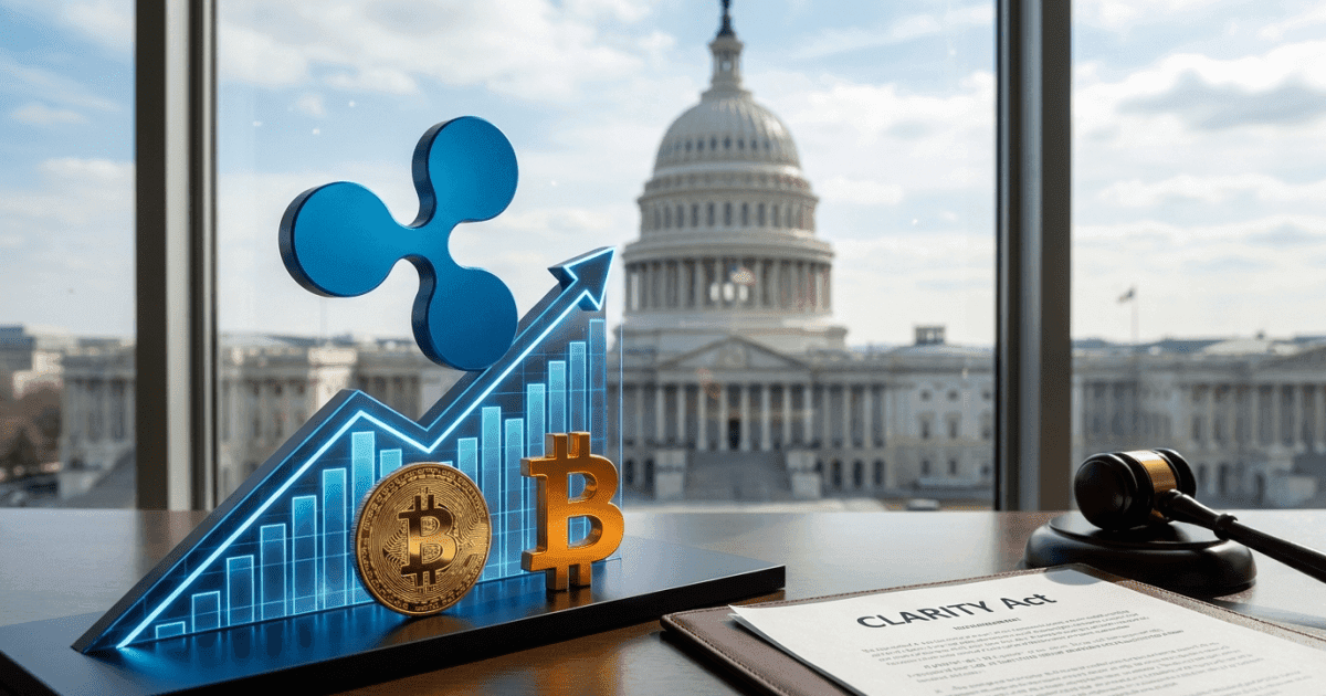 Ilustração editorial sobre altcoins: Bitcoin Observa XRP Superar Ganhos com Foco na Regulação EUA