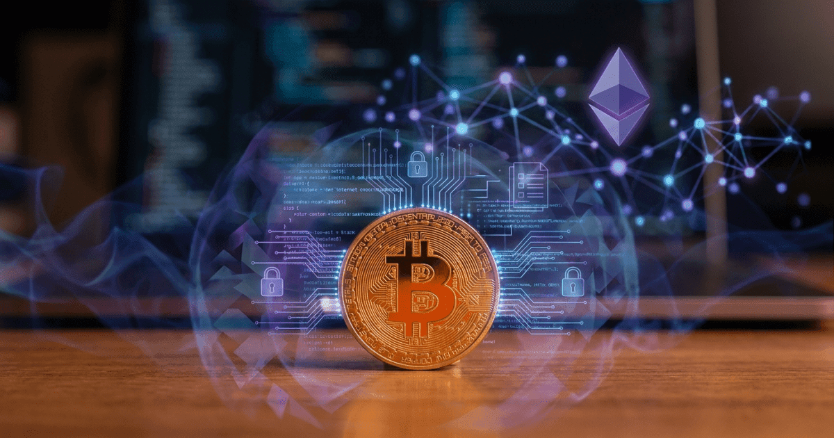 Ilustração editorial sobre bitcoin: DeFi Transforma Bitcoin com Programabilidade e Privacidade